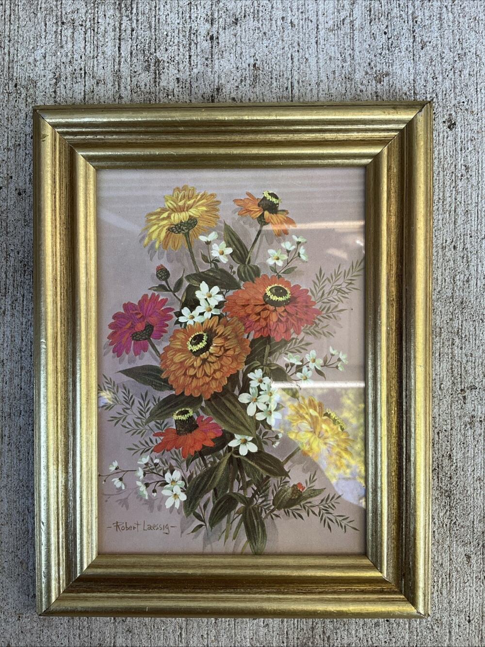 Vintage Robert Laessig Flowers Print Gold Framed Wall Art 9” x 7” Warm Tones